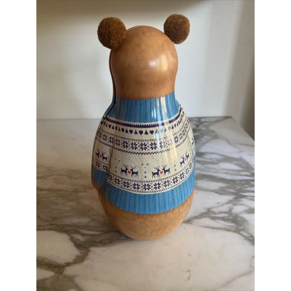 Bear Shaped Metal Tin Brown Blue Fair Isle Sweater Reindeer Holiday Decor